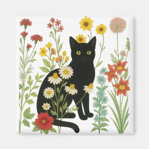 Botanische Natur – Schwarze Katze im Wildblumenga Magnet