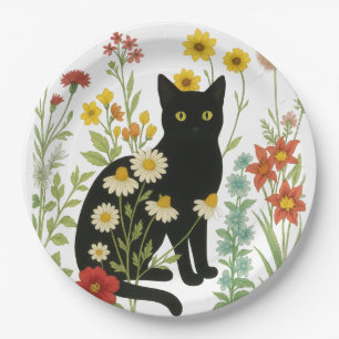Botanische Natur – Schwarze Katze im Wildblumenga Pappteller