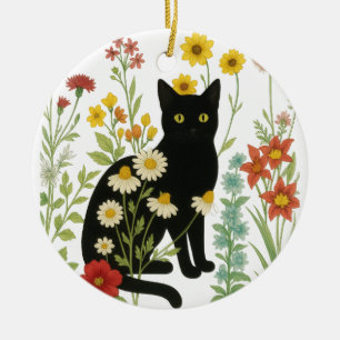 Botanische Natur – Schwarze Katze im Wildblumengar Keramik Ornament