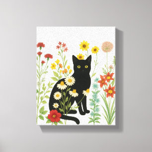 Botanische Natur – Schwarze Katze im Wildblumengar Leinwanddruck