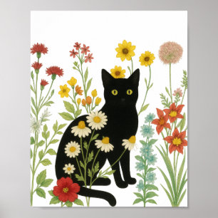 Botanische Natur – Schwarze Katze im Wildblumengar Poster