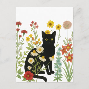 Botanische Natur – Schwarze Katze im Wildblumengar Postkarte