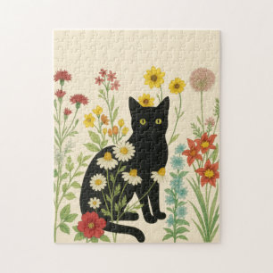 Botanische Natur – Schwarze Katze im Wildblumengar Puzzle