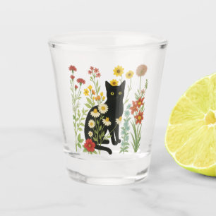 Botanische Natur – Schwarze Katze im Wildblumengar Schnapsglas
