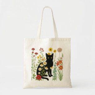 Botanische Natur – Schwarze Katze im Wildblumengar Tragetasche