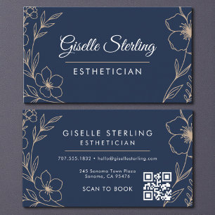 Botanische Navy-Blau-QR-Code-Esthetikerin-Blumenmu Visitenkarte
