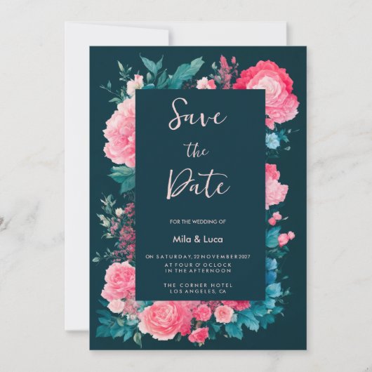 Botanische nordisch-blaugrüne Rosa Flora Save the  Einladung (Vorderseite)