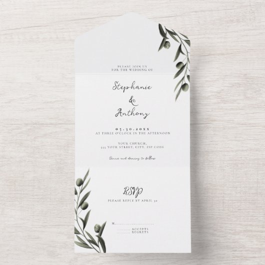 Botanische Olive Branch Blätter Italienische Hochz All In One Einladung (Innen Boden)