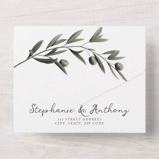 Botanische Olive Branch Blätter Italienische Hochz All In One Einladung (Rückseite)
