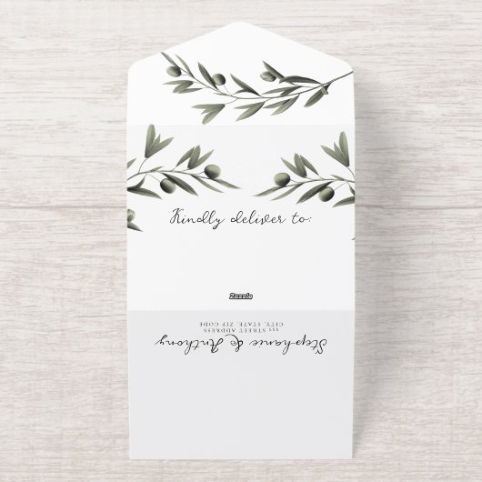 Botanische Olive Branch Blätter Italienische Hochz All-in-One-Einladung (Außenseite)