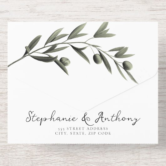 Botanische Olive Branch Blätter Italienische Hochz All-in-One-Einladung (Rückseite)