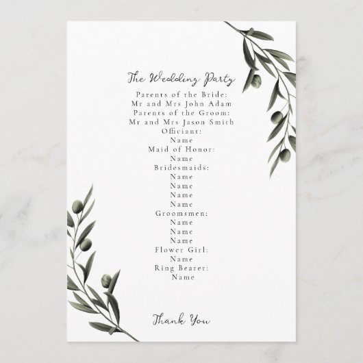 Botanische Olive Branch Blätter Italienische Hochz Programm (Rückseite)