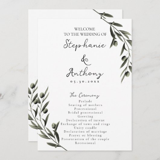 Botanische Olive Branch Blätter Italienische Hochz Programm (Vorne/Hinten)