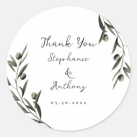 Botanische Olive Branch Blätter Italienische Hochz Runder Aufkleber (Vorderseite)