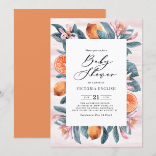 Botanische Orangen und rosa Blüten Baby Shower Einladung