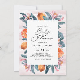 Botanische Orangen und rosa Blüten Babydusche Einladung