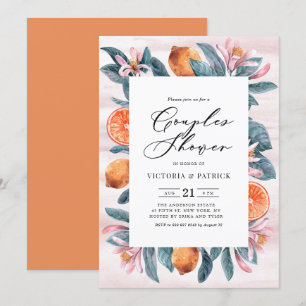 Botanische Orangen und rosa Blüten Paarschwimmbad- Einladung