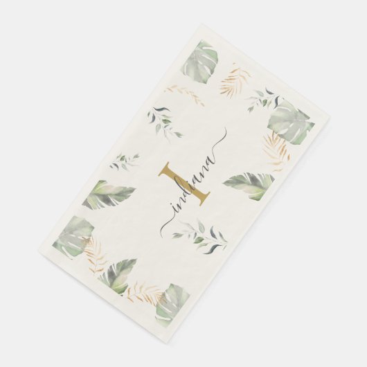Botanische Palmen Monogram Name Green Gold Blätter Serviette (Ecke)