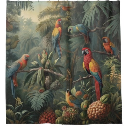 Botanische Papageienlandschaft und Ananas Duschvorhang (Vorderseite)