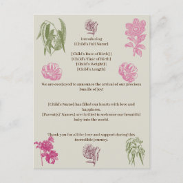 Botanische Peonie Eukalyptus Girl Geburtserklärung Ankündigungspostkarte