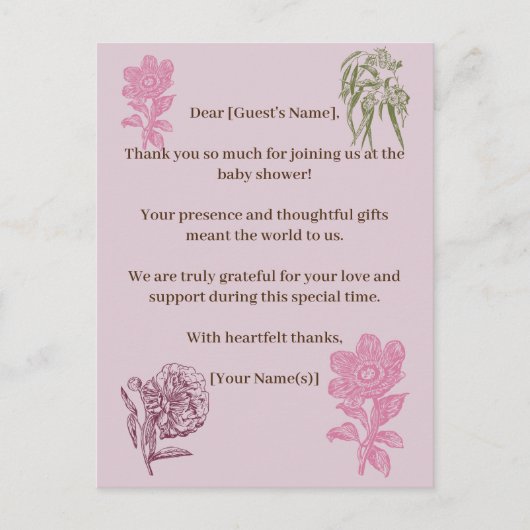 Botanische Peony Eucalyptus Baby Dusche Vielen Dan Postkarte (Vorderseite)