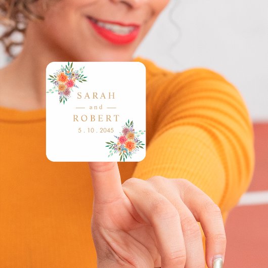 Botanische Personalisierte Hochzeit mit rustikaler Quadratischer Aufkleber