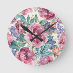Botanische Pfingstrose Wasserfarbe Lavendelblüten  Runde Wanduhr