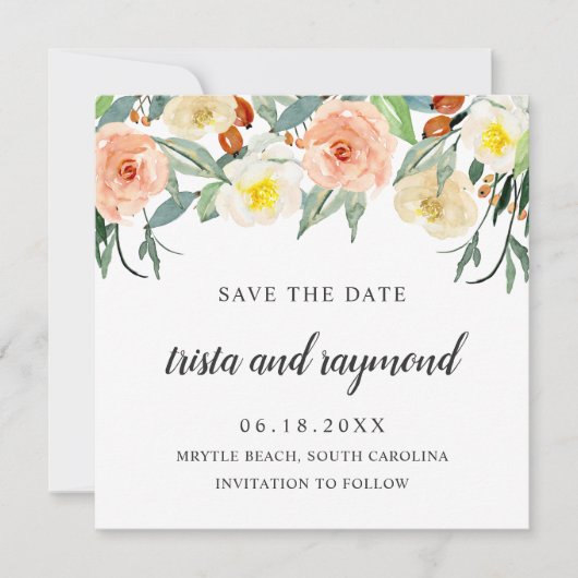 Botanische Pfirsichbläserfarben Rose Save The Date (Vorderseite)