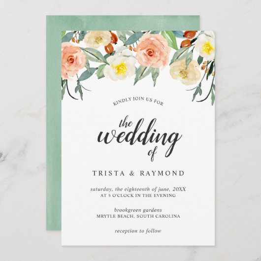 Botanische Pfirsichfarben Rose Blumenzehen Einladung (Vorne/Hinten)