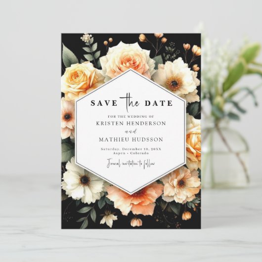 Botanische Pfirsichhochzeit Save The Date (Stehend Vorderseite)