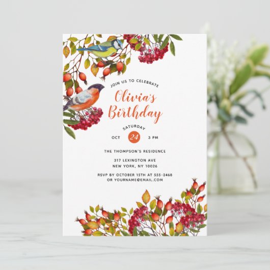 Botanische Pflanze und Vögel Einladung zum Geburts (Stehend Vorderseite)