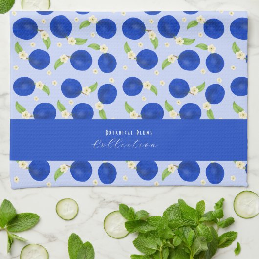 Botanische Pflaumen-Kollektion Blau Geschirrtuch (Gefaltet)