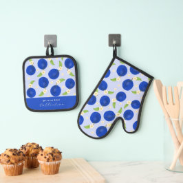 Botanische Pflaumen-Kollektion Blau Ofenhandschuh & Topflappen-Set