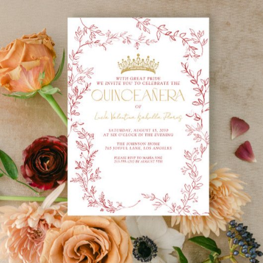 Botanische Quinceñera, moderne Rote Gold Einladung