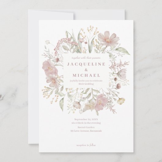 Botanische Rahmen Wildblumen Dusty Rose Hochzeit Einladung (Vorderseite)