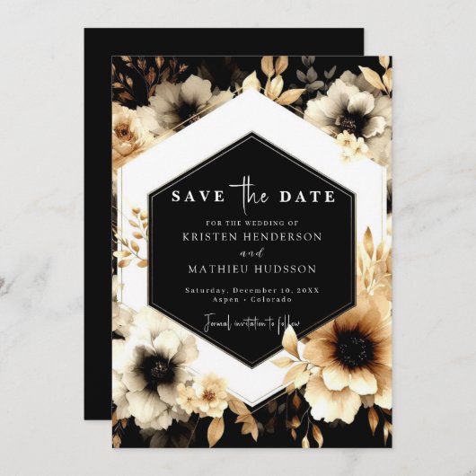 Botanische romantische Hochzeit mit Gold und Schwa Save The Date (Vorne/Hinten)