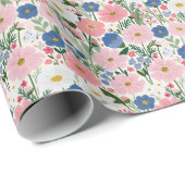 Botanische rosa Kosmos und blaue Wildblumen Geschenkpapier (Rolleneckpunkt)
