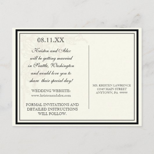 Botanische Rosa, schwarz-Save the Date Postkarte (Rückseite)