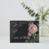 Botanische Rosa, schwarz-Save the Date Postkarte (Stehend Vorderseite)