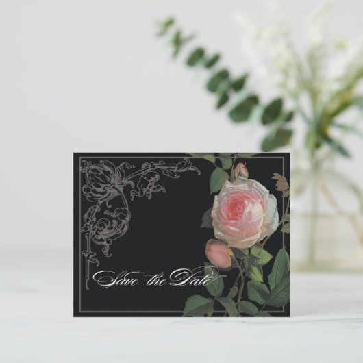Botanische Rosa, schwarz-Save the Date Postkarte (Stehend Vorderseite)