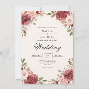 Botanische Rose-Hochzeit in Burgund Einladung