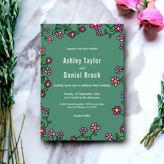 Botanische Rose Rustikale Blumenhochzeit Einladung