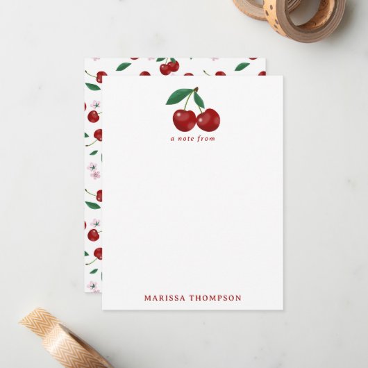 Botanische Rote Kirschen Grünpflanzen & Kirschblüt Mitteilungskarte (Vorderseite/Rückseite Beispiel)