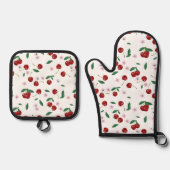 Botanische Rote Kirschen Grünpflanzen & Kirschblüt Ofenhandschuh & Topflappen-Set (Vorderseite)