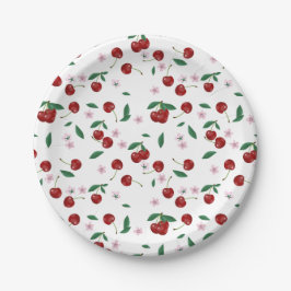 Botanische Rote Kirschen Grünpflanzen & Kirschblüt Pappteller