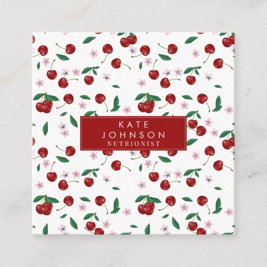 Botanische Rote Kirschen Grünpflanzen & Kirschblüt Quadratische Visitenkarte (Vorderseite)