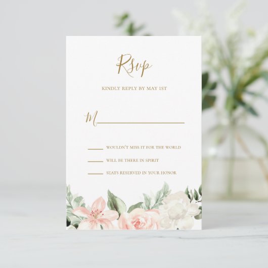 Botanische RSVP-Karte mit rosa und goldblütigem Fl RSVP Karte (Stehend Vorderseite)