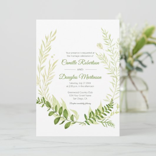 Botanische Rustikale Grüne Laurel Wreath Wedding | Einladung (Stehend Vorderseite)