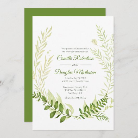 Botanische Rustikale Grüne Laurel Wreath Wedding | Einladung (Vorne/Hinten)