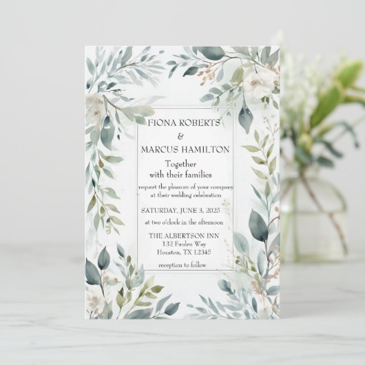 Botanische Rustikale Hochzeit Einladung (Stehend Vorderseite)